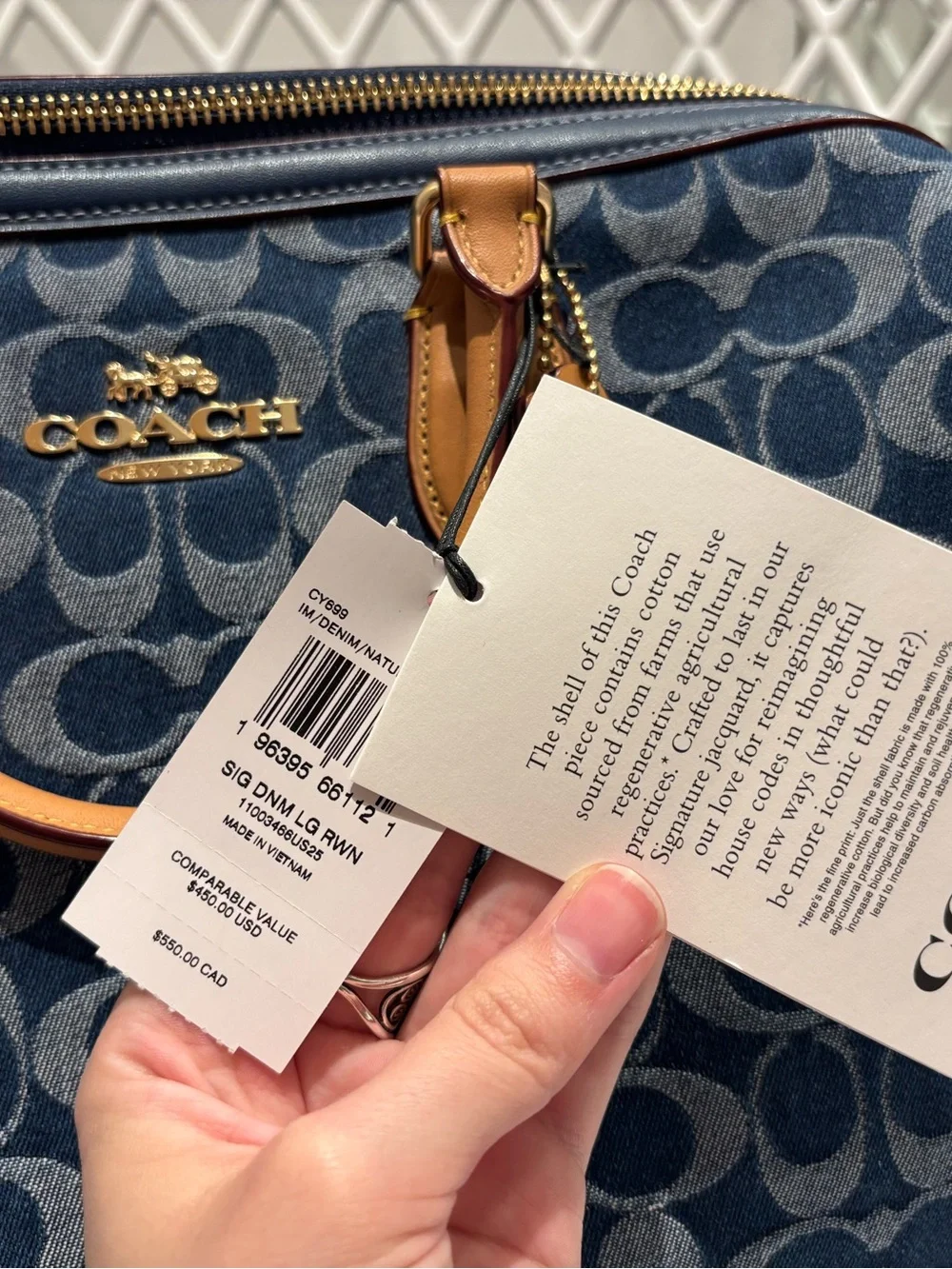 Coach Navy Signature Canvas Bag with Tan Leather Trim